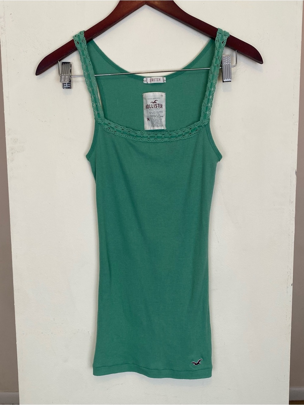 Y2K Hollister Long Stretch Ribbed Tank Top Women’s Medium Crochet Ribbon Straps